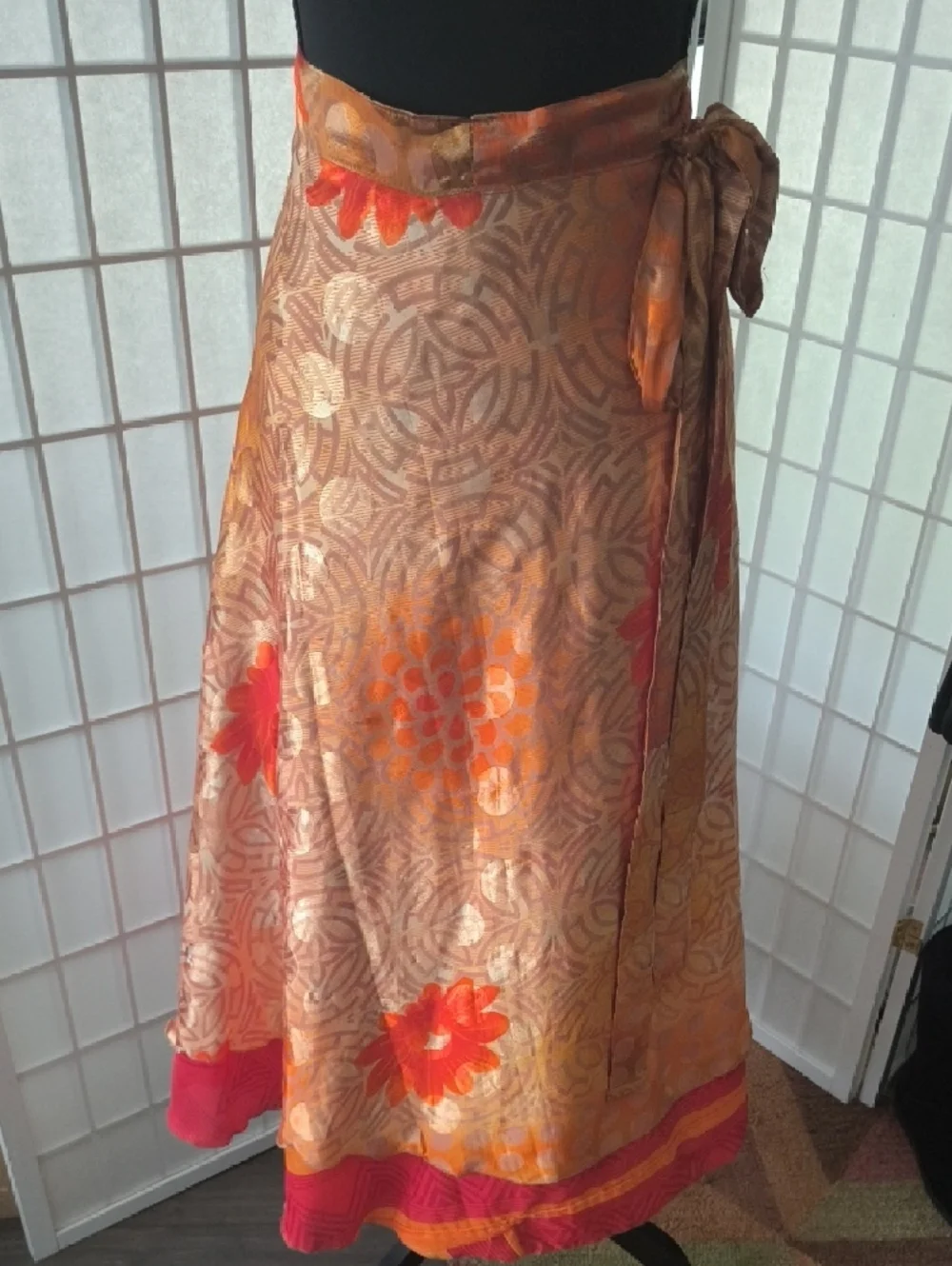 VINTAGE Silk Sari Reversible Wrap Skirt - Red & Orange - Darn Good Yarn - Picture 10 of 17